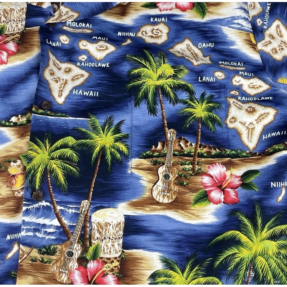 RJC Hawaiian Shirt Mens 4XL Blue Excellent Island Map Hibiscus Aloha 102C - Picture 2 of 6